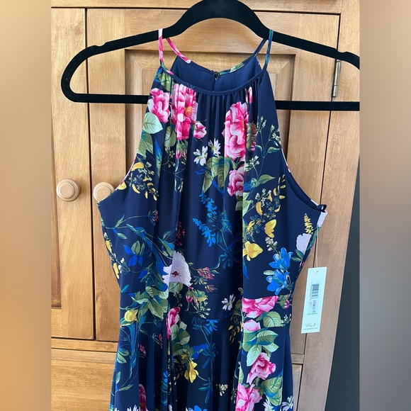 NWT Eliza J Navy Floral Print Chiffon High/Low Halter Midi Dress - Picture 7 of 14